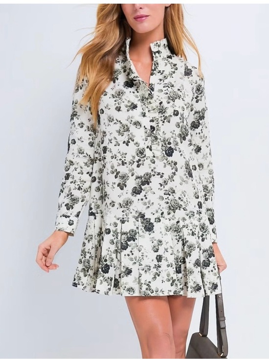 Tuckernuck Dresses & Skirts - Tuckernuck White and Black Floral Long-Sleeve Ruffle-Hem Mini Dress